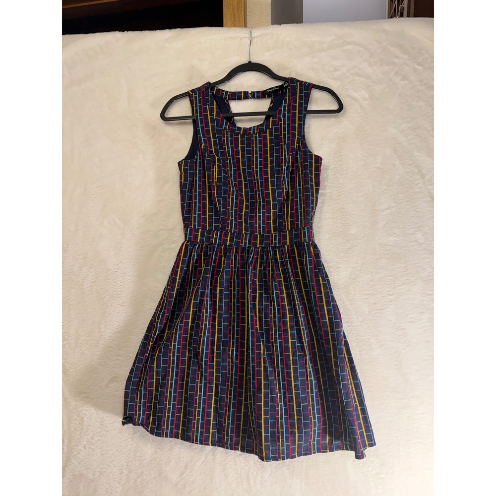 Doe‎ & Rae Navy Geometric Grid Print Sleeveless Fit & Flare Dress Small